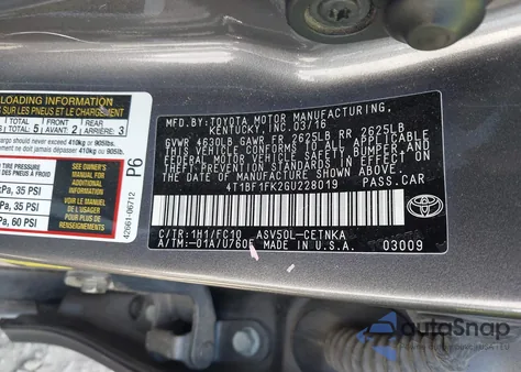 2016 Toyota Camry Le/Xle/Se/Xse from USA, damaged, VIN 4T1BF1FK2GU228019